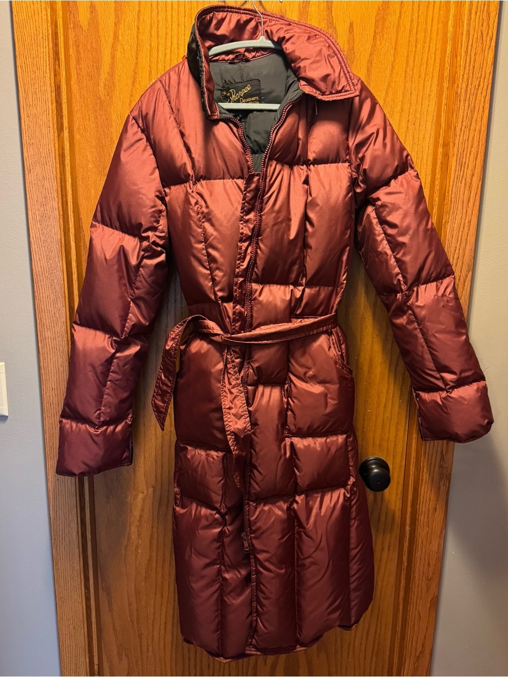 Long Quilted Belted Puffer Coat in Burgundy